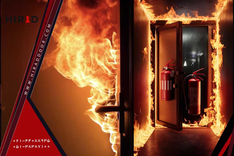 نمایی از فضایی که دچار حریق شده است و یک درب ضد حریق که خروجی را برای فرار افراد فراهم کرده است.